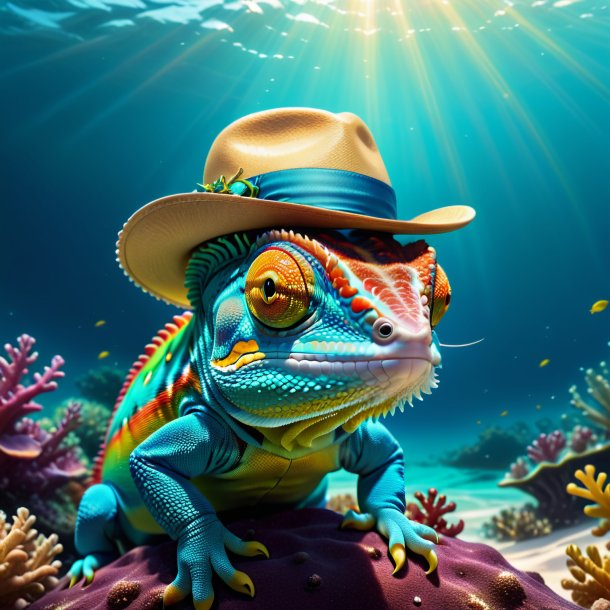 Picture of a chameleon in a hat in the sea