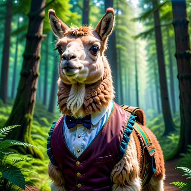 Picture of a llama in a vest in the forest