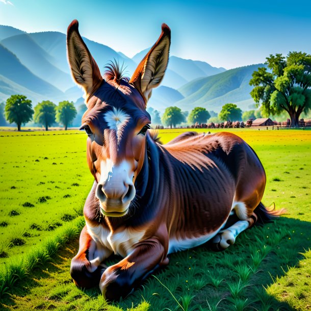 Photo of a resting of a mule on the field