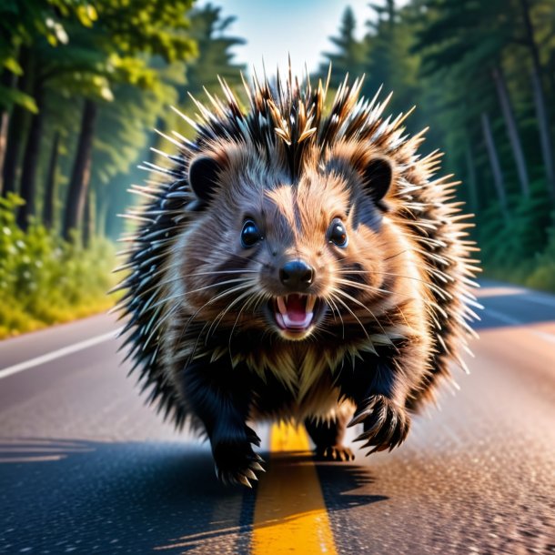 Photo of a jumping of a porcupine on the road