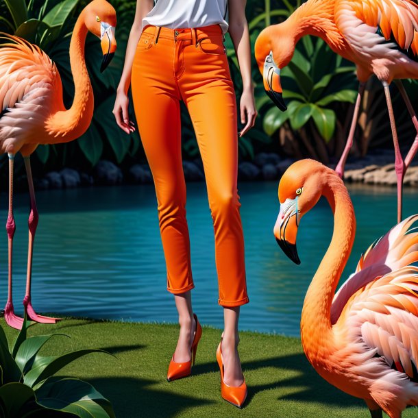 Foto de um flamingo em um jeans laranja