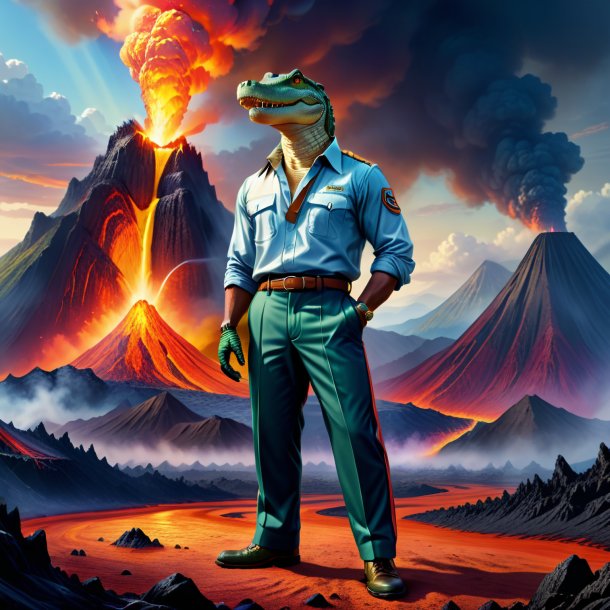 Illustration of a crocodile in a trousers in the volcano