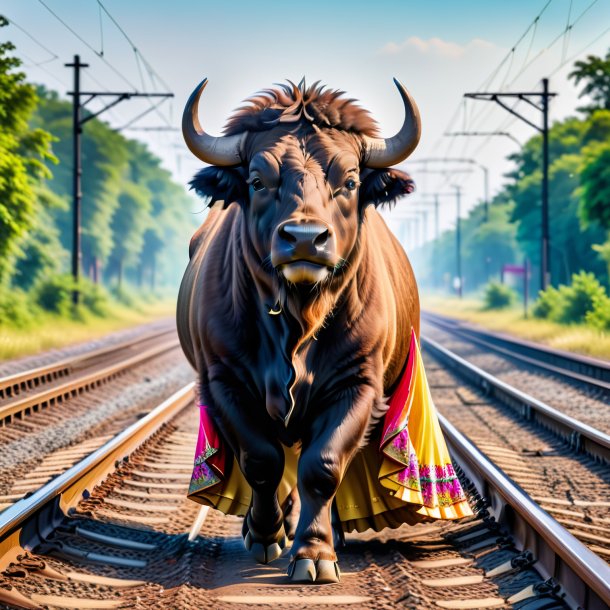 Photo of a buffalo in a dress on the railway tracks