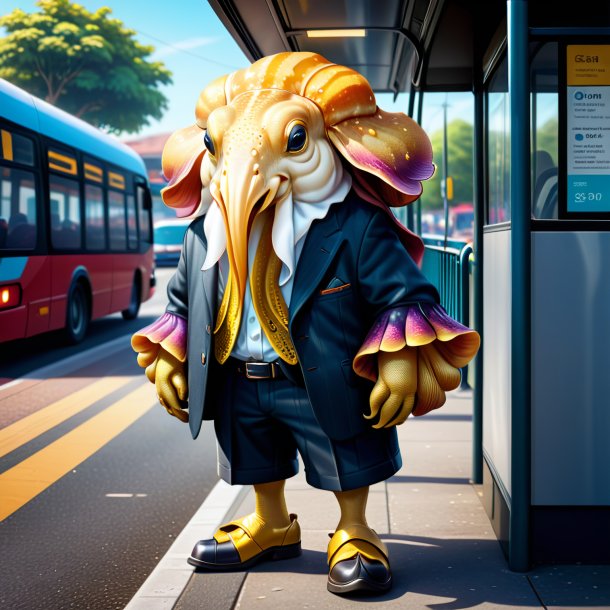 Illustration of a cuttlefish in a trousers on the bus stop