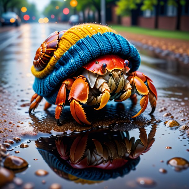 Photo of a hermit crab in a sweater in the puddle