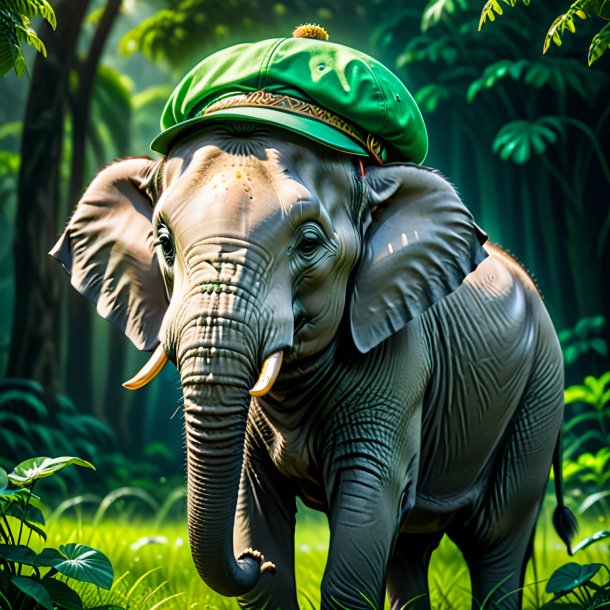 Foto de un elefante en una gorra verde