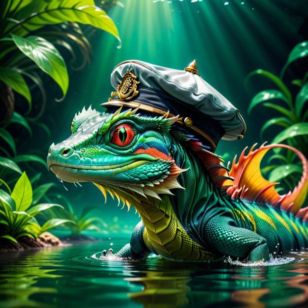 Image of a basilisk in a cap in the water