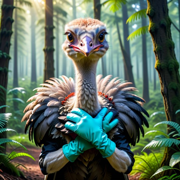 Pic of a ostrich in a gloves in the forest