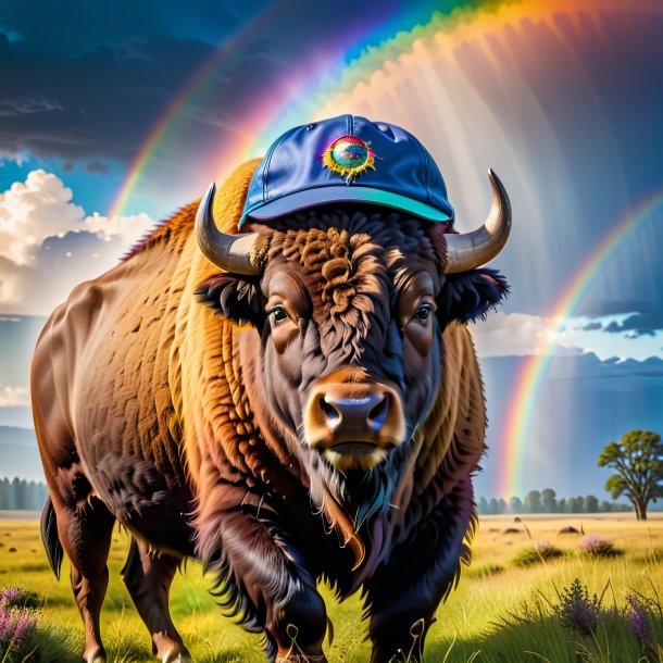 Photo d'un bison dans une casquette sur l'arc-en-ciel