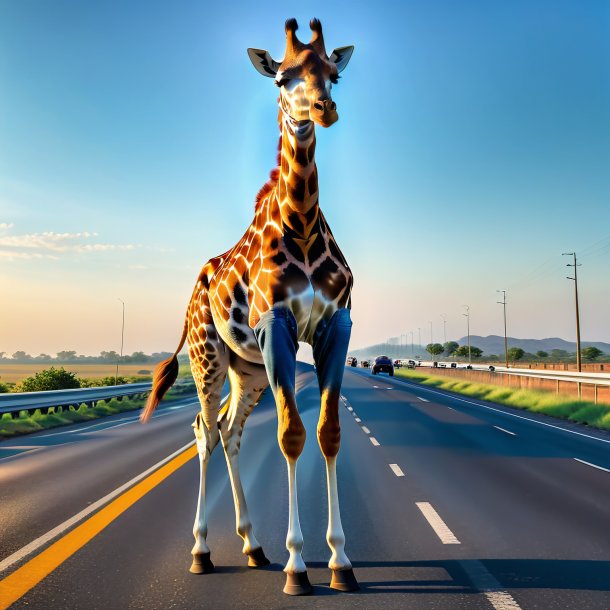 Foto de uma girafa em um jeans na estrada