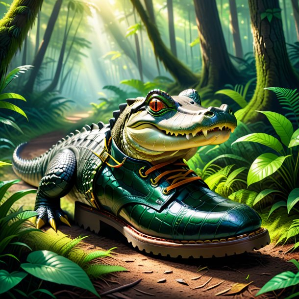 Illustration of a alligator in a shoes in the forest