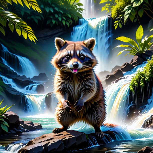 Image of a playing of a raccoon in the waterfall