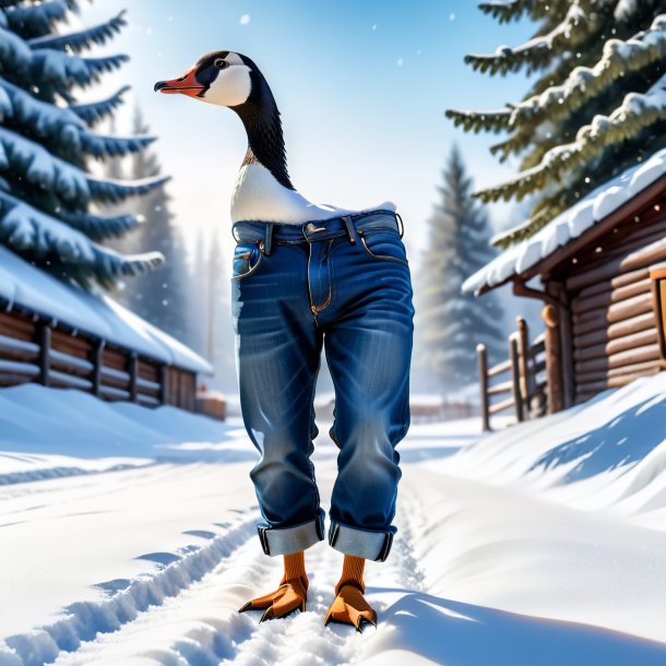 Image of a goose in a jeans in the snow