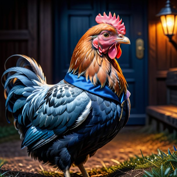 Image of a hen in a blue coat