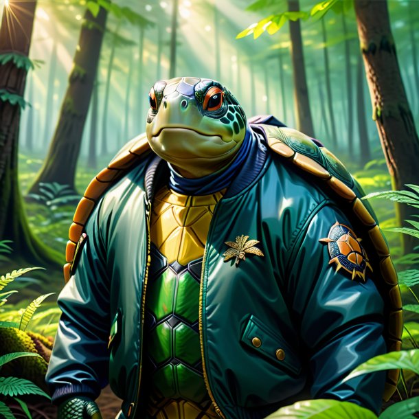 Drawing of a turtle in a jacket in the forest