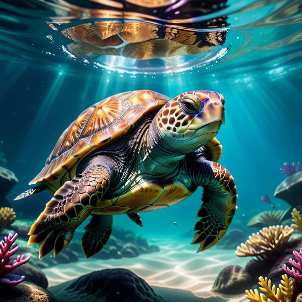 Image of a turtle in a gloves in the water