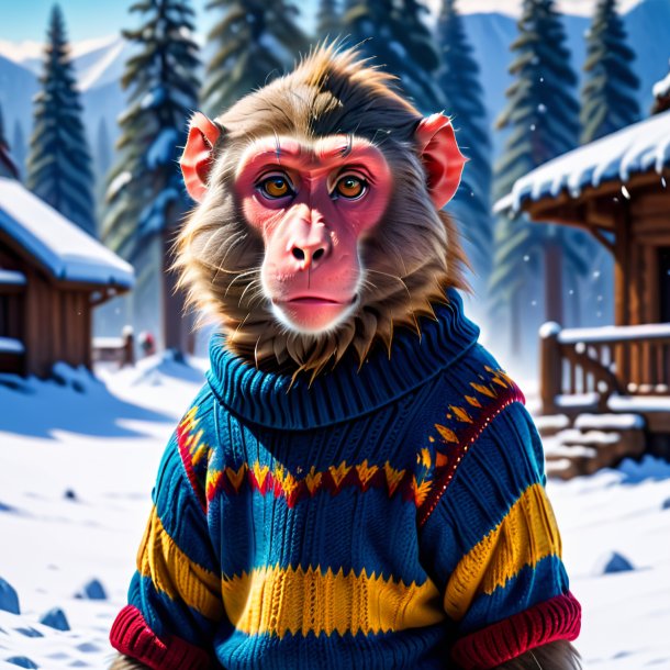 Image of a baboon in a sweater in the snow