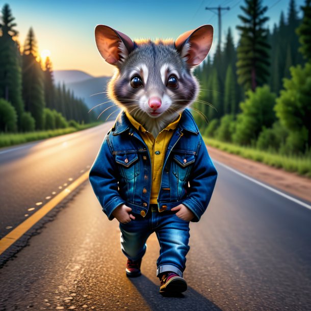 Photo of a possum in a jeans on the road