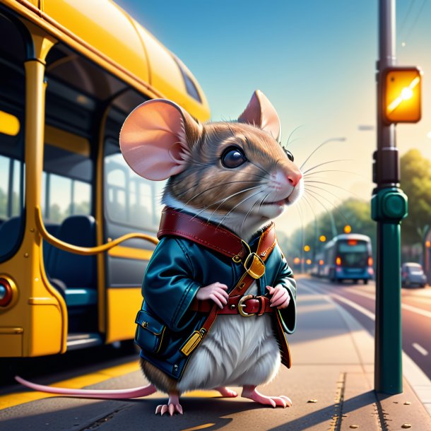 Illustration of a mouse in a belt on the bus stop