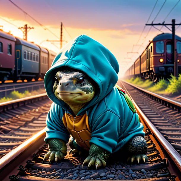 Image of a tortoise in a hoodie on the railway tracks