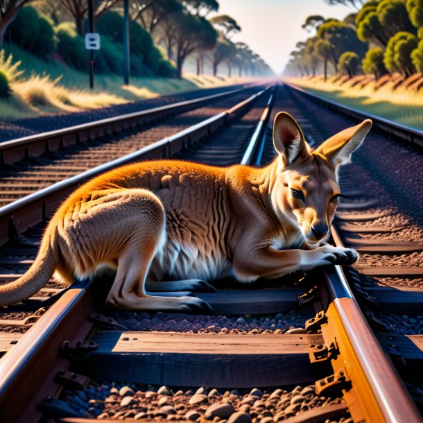 Photo of a sleeping of a kangaroo on the railway tracks