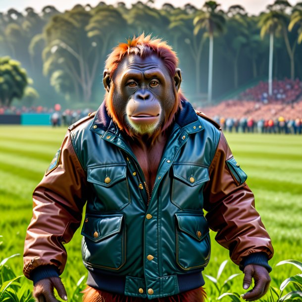 Foto de un orangután en una chaqueta en el campo