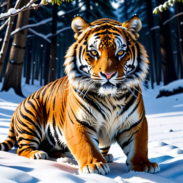 Picture of a tiger in a belt in the snow