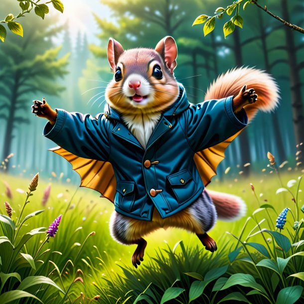 Drawing of a flying squirrel in a coat in the meadow