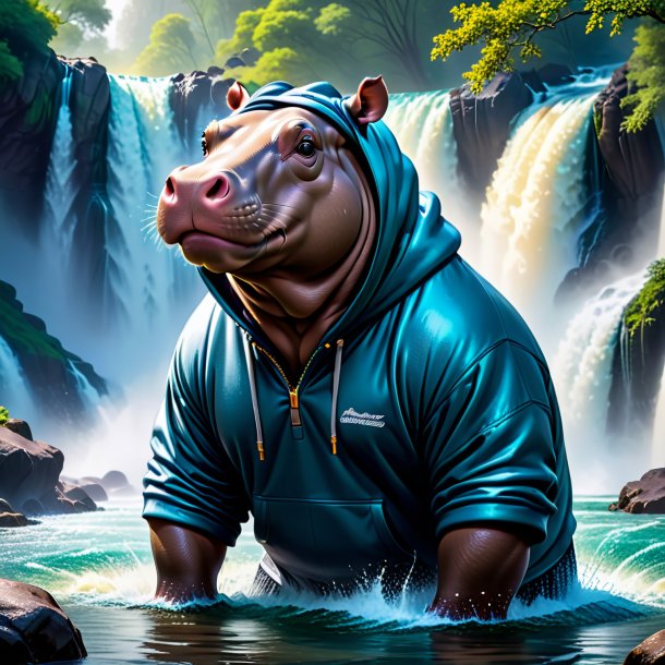 Image of a hippopotamus in a hoodie in the waterfall