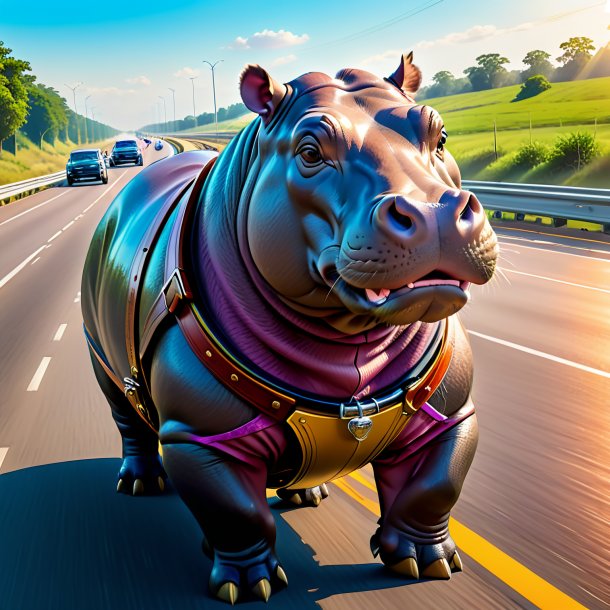 Drawing of a hippopotamus in a belt on the highway