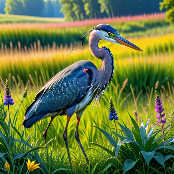 Pic d'un héron dans un pantalon dans la prairie