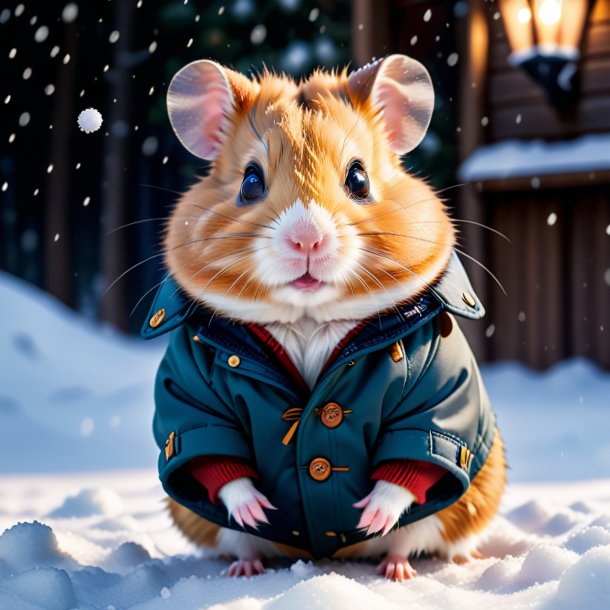 Image of a hamster in a coat in the snow