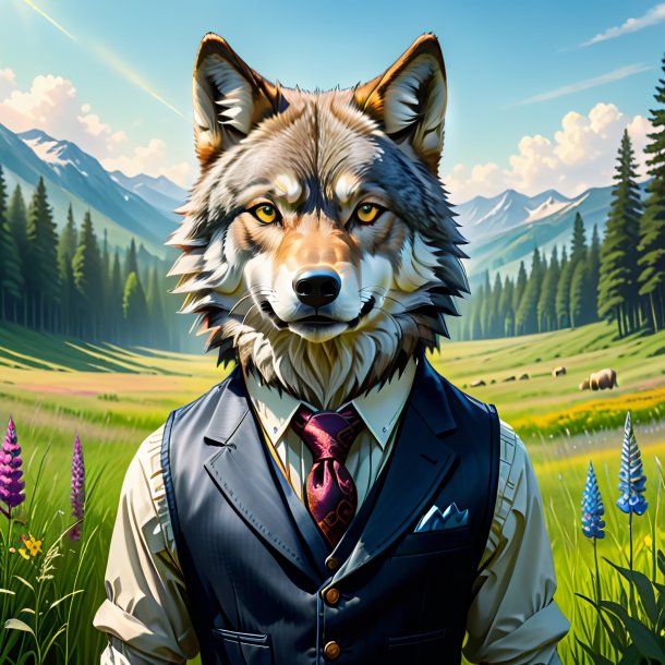 Drawing of a wolf in a vest in the meadow