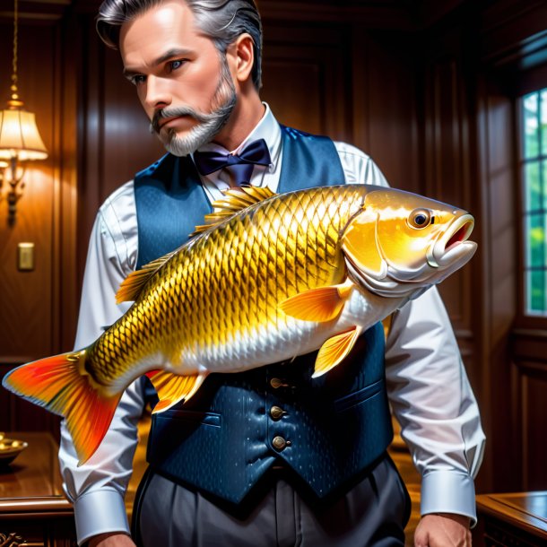 Photo of a carp in a vest in the house