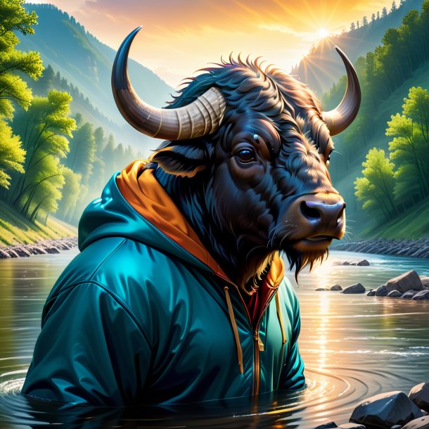 Drawing of a buffalo in a hoodie in the river