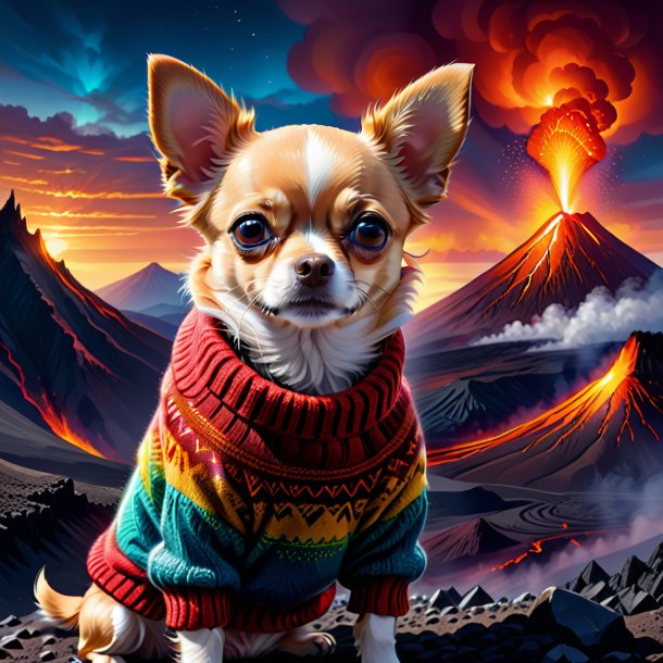 Drawing of a chihuahua in a sweater in the volcano