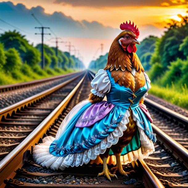 Foto de una gallina en un vestido en las vías del tren