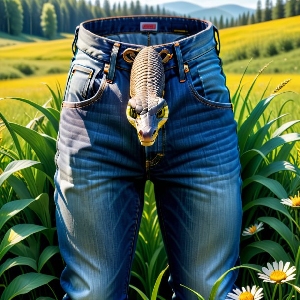 Imagem de uma cobra em um jeans no prado