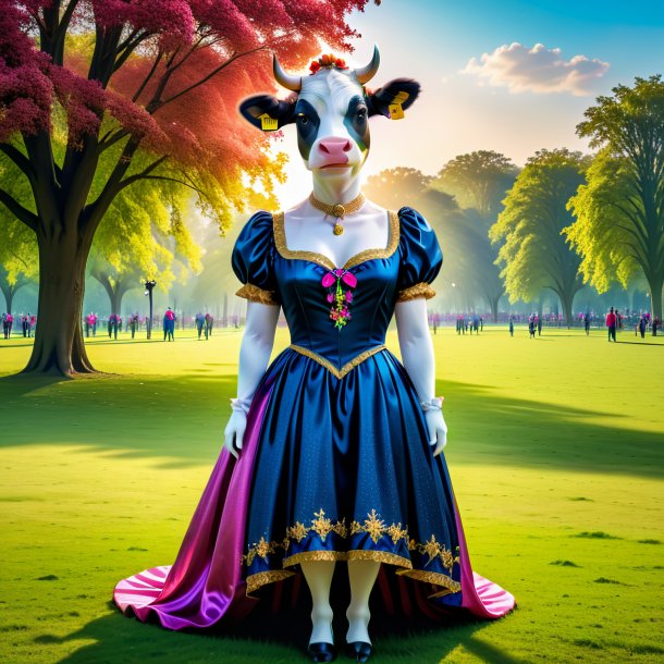 Foto de uma vaca em um vestido no parque