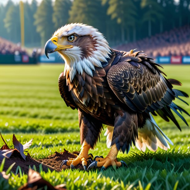 Foto de uma águia em uma luva no campo