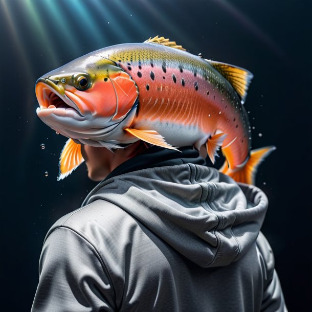 Pic of a salmon in a gray hoodie