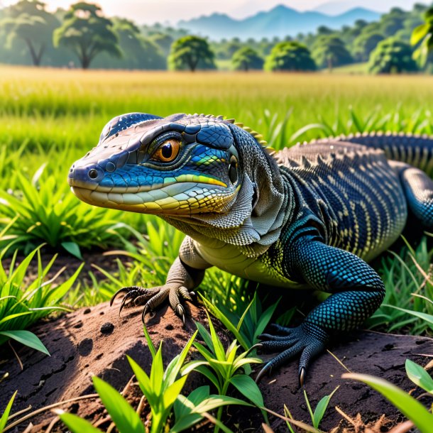 Photo of a playing of a monitor lizard in the meadow