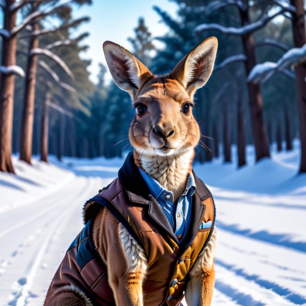 Foto de um canguru em um colete na neve