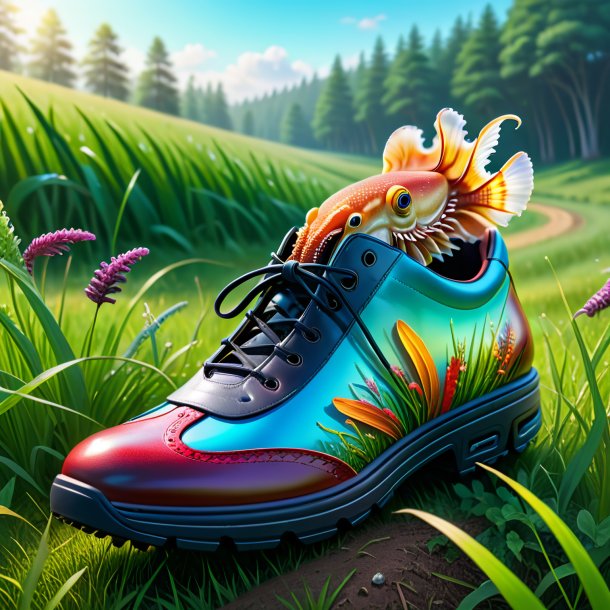 Illustration of a cuttlefish in a shoes in the meadow