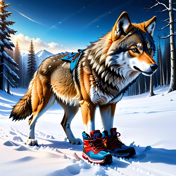 Dibujo de un lobo en zapatos en la nieve