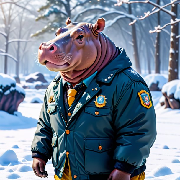 Pic of a hippopotamus in a jacket in the snow