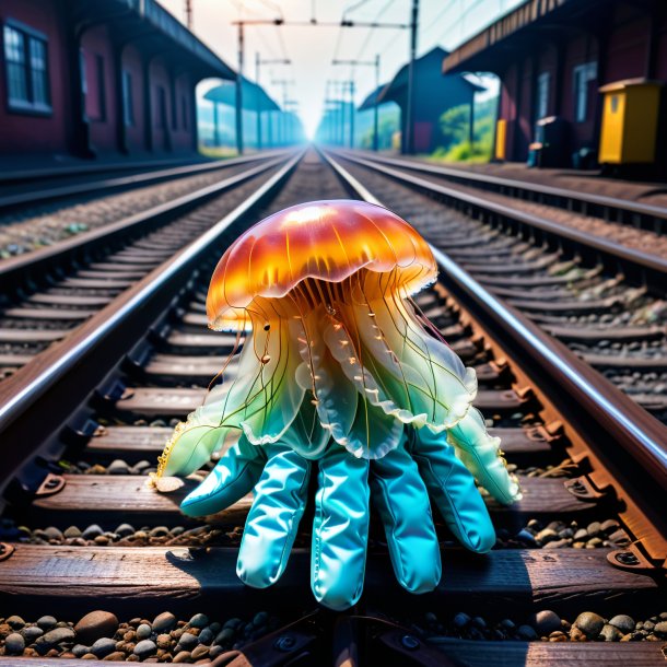 Photo of a jellyfish in a gloves on the railway tracks