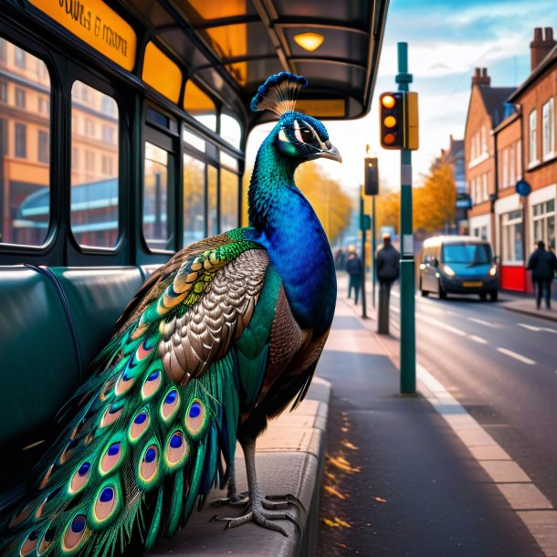 Photo d'un paon dans un manteau sur l'arrêt de bus