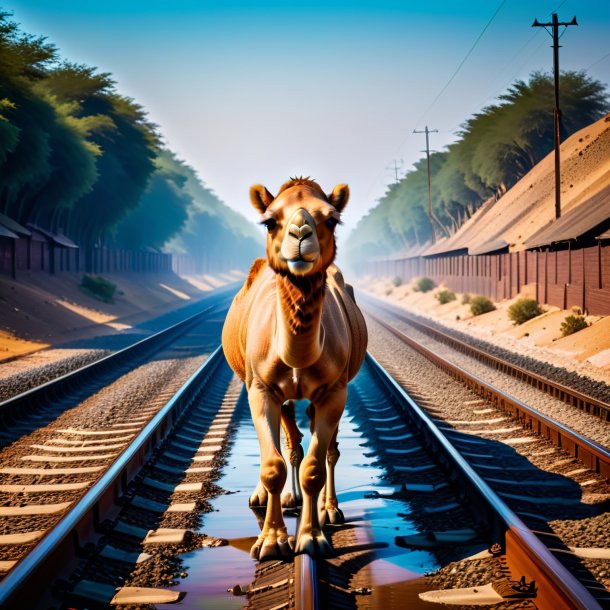 Imagen de la natación de un camello en las vías del ferrocarril