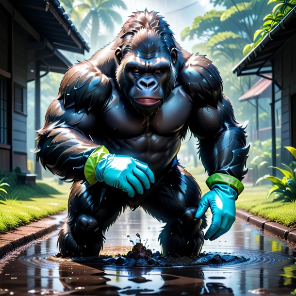 Image of a gorilla in a gloves in the puddle